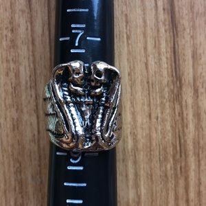 Double Snake and Skull Silvertone Ring
